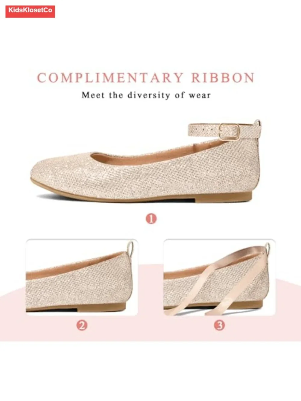 Girls Ballet Flats with Removable Ankle Strap, Flexible TPR Sole, Casual/Party/